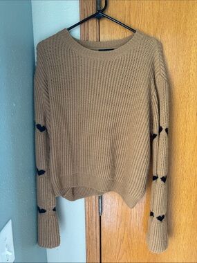 Women's Tan Knit Crewneck Sweater with Black Heart Bell Sleeve Detail